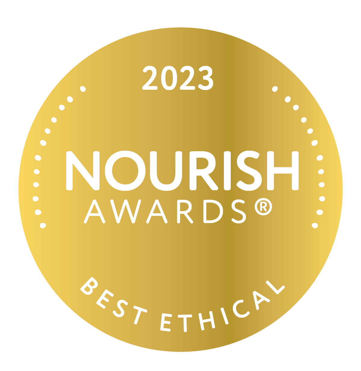 Gold badge with '2023 Nourish Awards Best Ethical' text on a white background